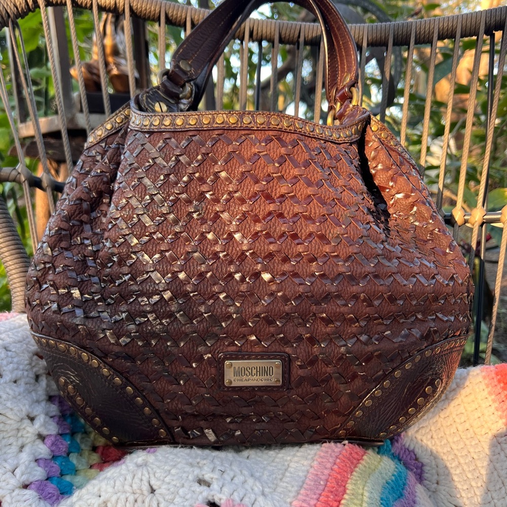 Moschino Dark Brown Woven Shoulder Bag in good condition